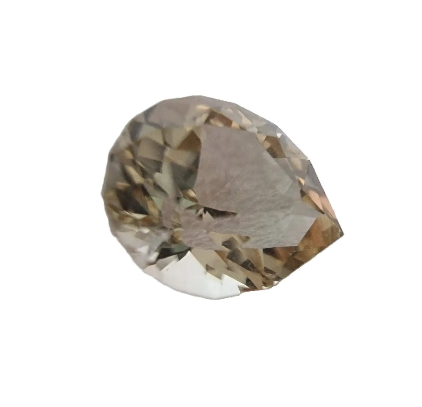 Angled view of a 1.69ct pear cut bi-color tourmaline gemstone, showcasing its unique color variations and expert craftsmanship.