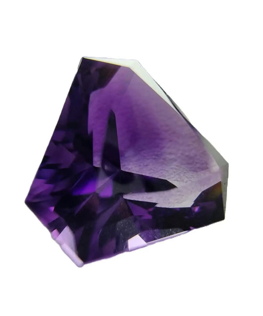 12.7ct triangular cut amethyst gemstone with deep purple hues, expertly faceted for brilliance. Ideal for fine jewelry or collection.
