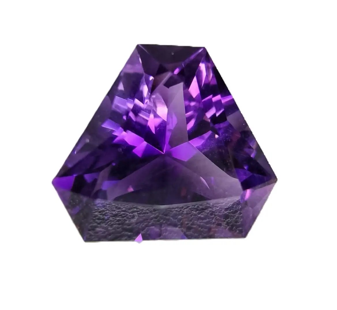 Faceted 12.7ct triangular cut amethyst gemstone with a striking purple glow. Ideal for jewelry designers and gemstone enthusiasts.