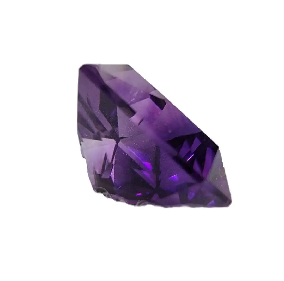 Deep purple 12.7ct triangular cut amethyst gemstone with intricate facets. A perfect choice for custom jewelry or gemstone collections.