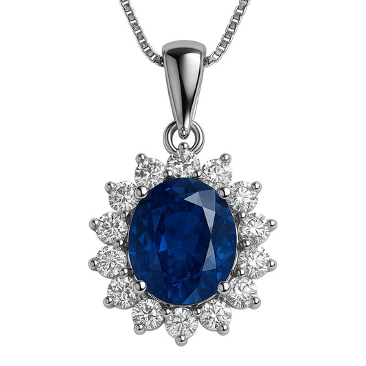 2ct Oval Natural Blue Sapphire  Platinum Silver Pendant Necklace - Hanna Boya