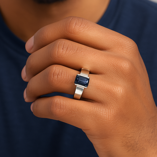 Hanna Boya | Ethical 2ct Rectangular Blue Sapphire Men’s Dome Ring – Platinum-Coated Silver – Sleek Modern Fit – No Heat, No Chemicals - Hanna Boya