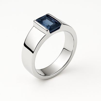 Hanna Boya | Ethical 2ct Rectangular Blue Sapphire Men’s Dome Ring – Platinum-Coated Silver – Sleek Modern Fit – No Heat, No Chemicals - Hanna Boya