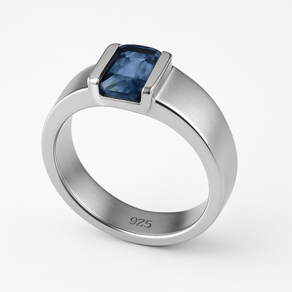 Hanna Boya | Ethical 2ct Rectangular Blue Sapphire Men’s Dome Ring – Platinum-Coated Silver – Sleek Modern Fit – No Heat, No Chemicals - Hanna Boya