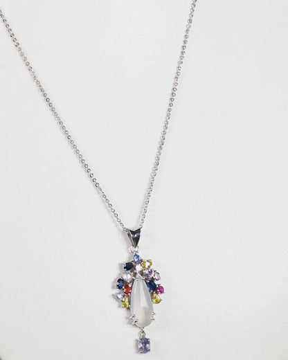 3ct Moonstone Sapphire and Tanzanite Floral Platinum Silver Pendant Necklace