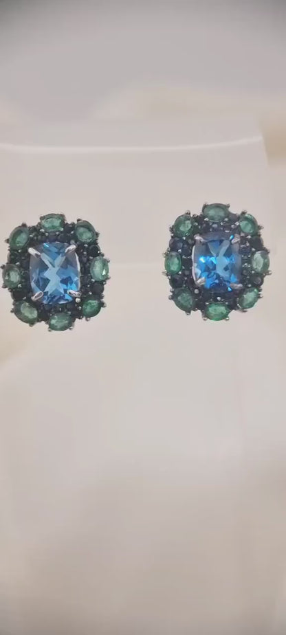 Custom Platinum Blue Topaz Natural Emerald & Sapphire Lever-Back Earring