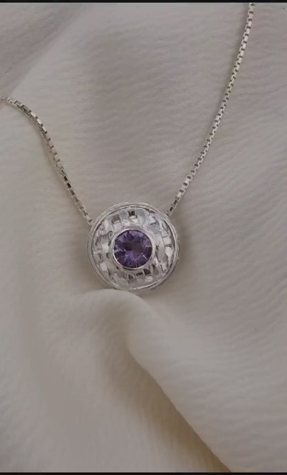 Sterling Silver Basket Weave Pendant Necklace with 4mm Amethyst