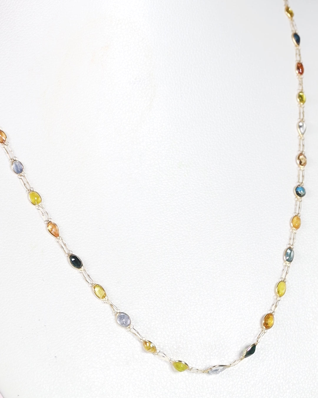 video of 13ctw Natural Yellow, Pink, Blue Sapphire and Emerald 18k Yellow Gold Dainty Link Necklace