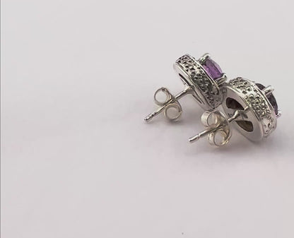 Sterling Silver Amethyst Stud Earrings with Beaded Halo