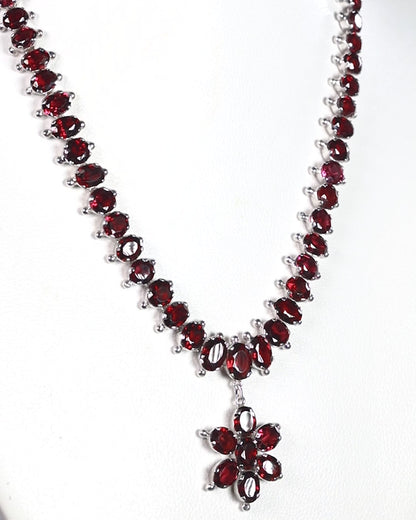 42ctw Floral Motif Oval Cut Garnet Platinum Sterling Silver Drop Necklace