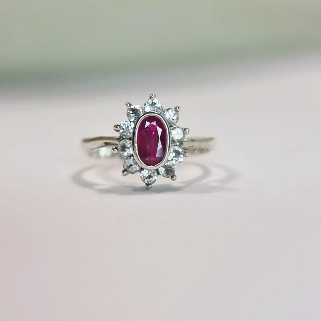 1ct Oval Red Ruby and White Sapphire Engagement Ring