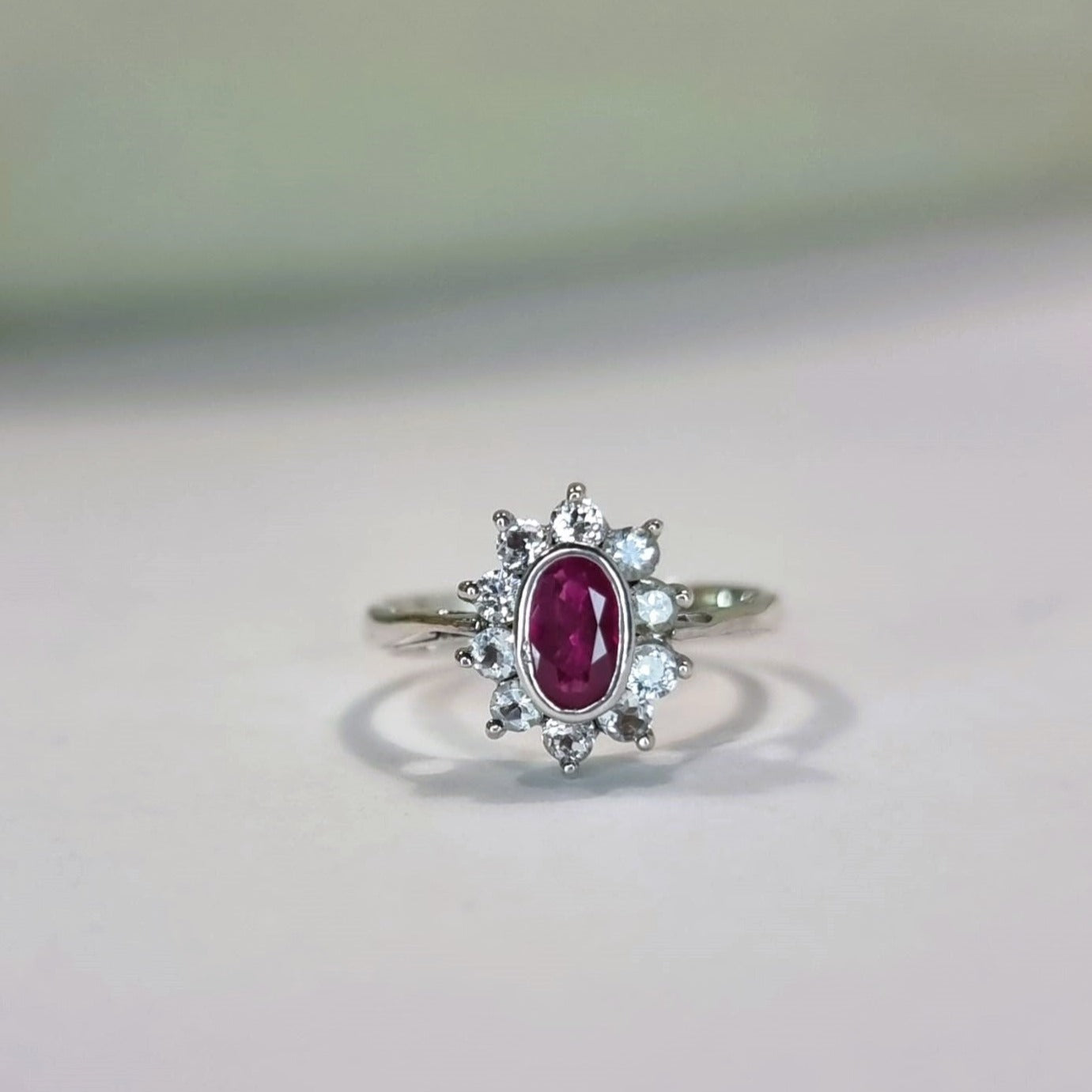 1ct Oval Red Ruby and White Sapphire Engagement Ring