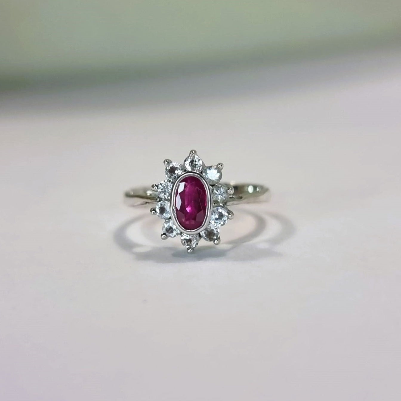 1ct Oval Red Ruby and White Sapphire Engagement Ring