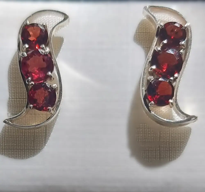 3Stone Red Garnet Stud Earrings