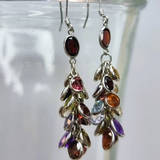 Mixed Natural Garnet Zircon Amethyst Spinel Cluster Earrings