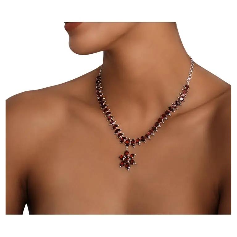 Natural Oval Cut Floral Garnet Sterling Silver Drop Necklace