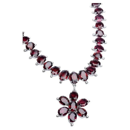 Natural Oval Cut Floral Garnet Sterling Silver Drop Necklace