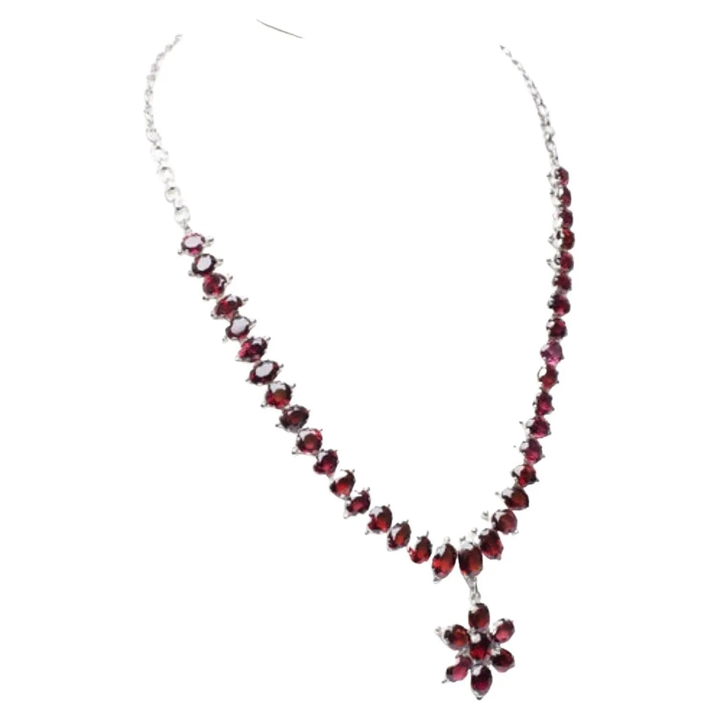 Natural Oval Cut Floral Garnet Sterling Silver Drop Necklace