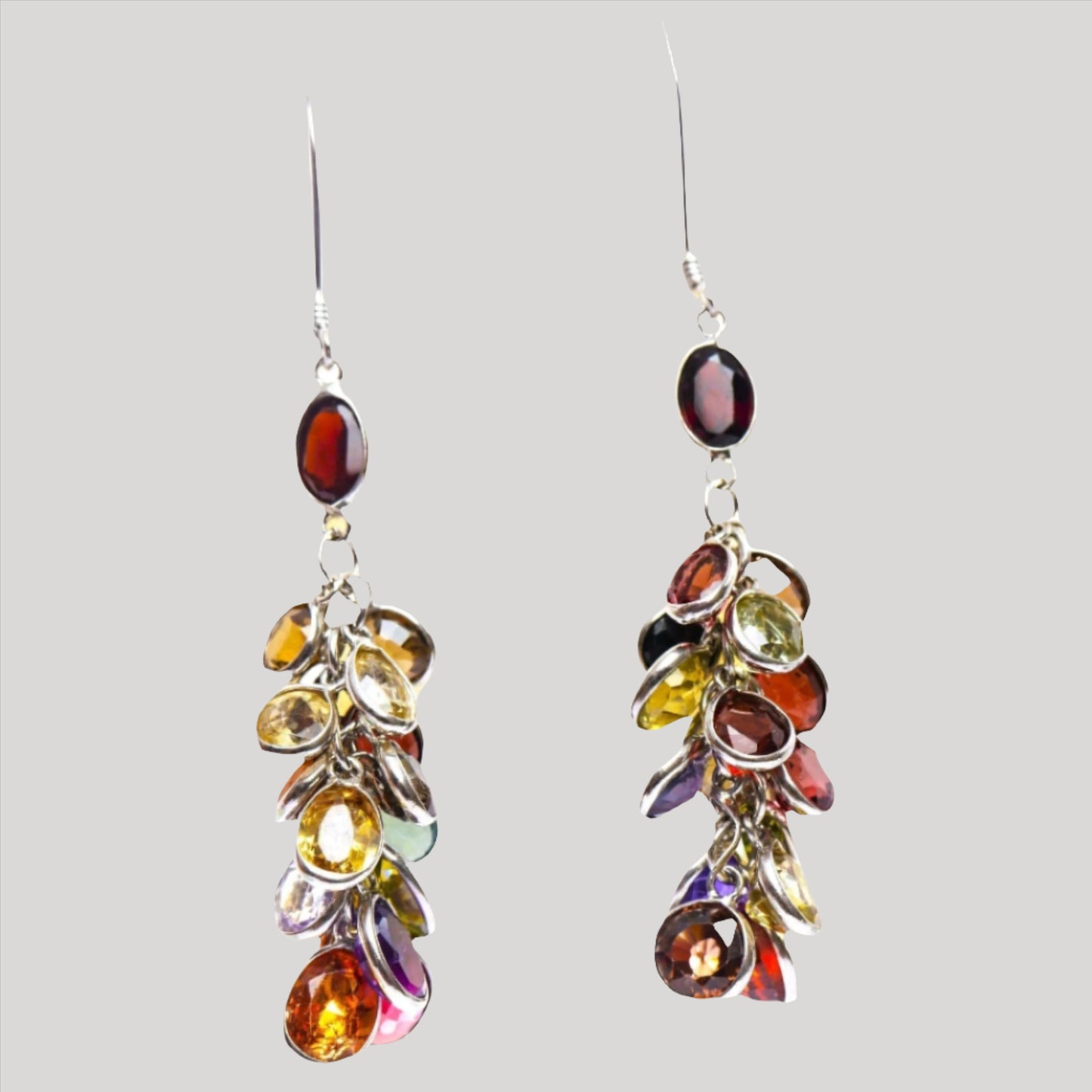 Mixed Garnet Amethyst Spinel Cluster Earrings Platinum 