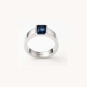 Hanna Boya | Ethical 2ct Rectangular Blue Sapphire Men’s Dome Ring – Platinum-Coated Silver – Sleek Modern Fit – No Heat, No Chemicals