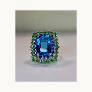 13ct Blue Topaz With Natural Green Emerald & Blue Sapphire Cocktail Ring